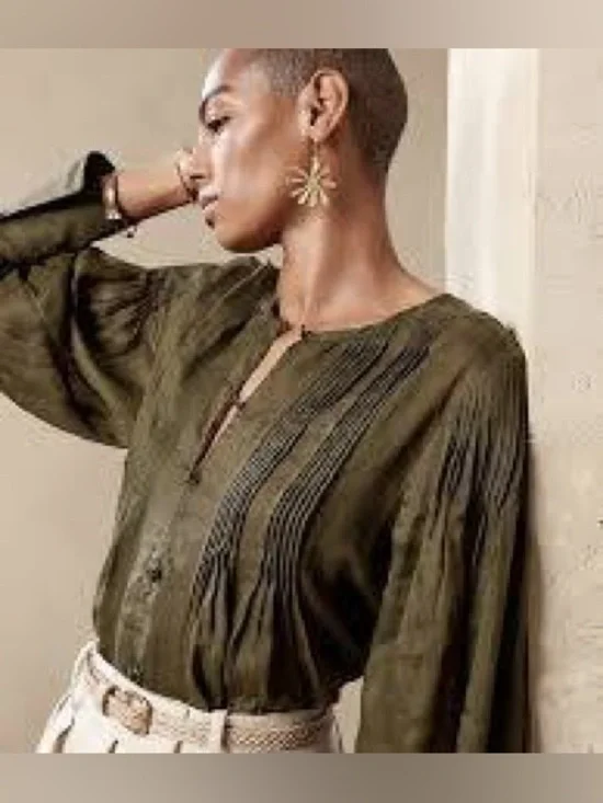 BANANA REPUBLIC OLIVE UNTUCK RAMIE PEASANT BLOUSE SZ XS - Picture 2 of 9